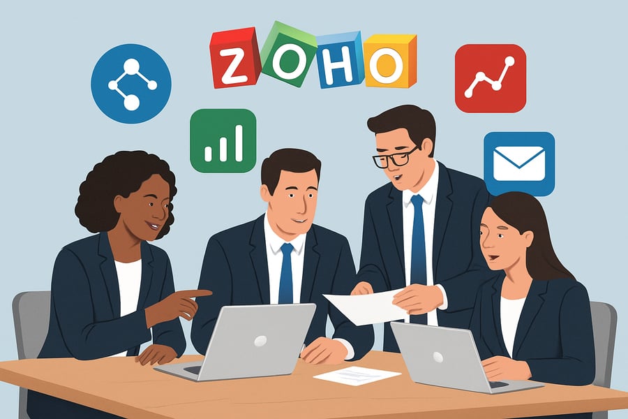 Business professionals collaborating on Zoho applications